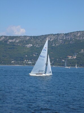 Un velero con el número 8413 en la vela, navegando en aguas con una costa montañosa al fondo.