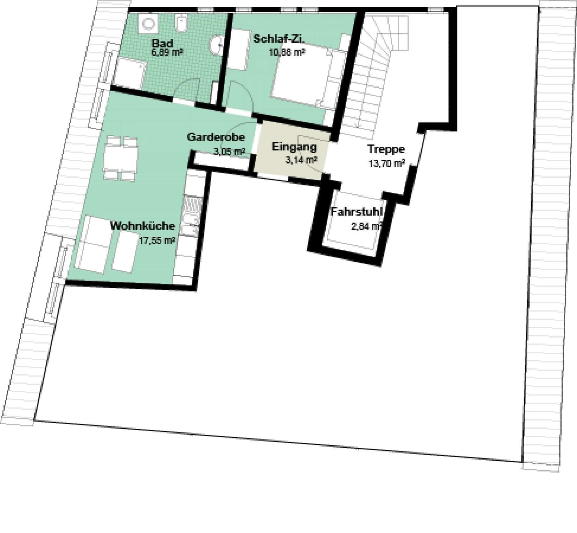 Un plan d’étage comprenant un salon (17,55 m²), une chambre (6,89 m²), une salle de bain (10,88 m²), une cuisine (3,05 m²), un coin repas (3,14 m²), une salle de bain (2,84 m²) et une terrasse (13,70 m²).