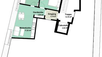 Un plan d’étage comprenant un salon (17,55 m²), une chambre (6,89 m²), une salle de bain (10,88 m²), une cuisine (3,05 m²), un coin repas (3,14 m²), une salle de bain (2,84 m²) et une terrasse (13,70 m²).