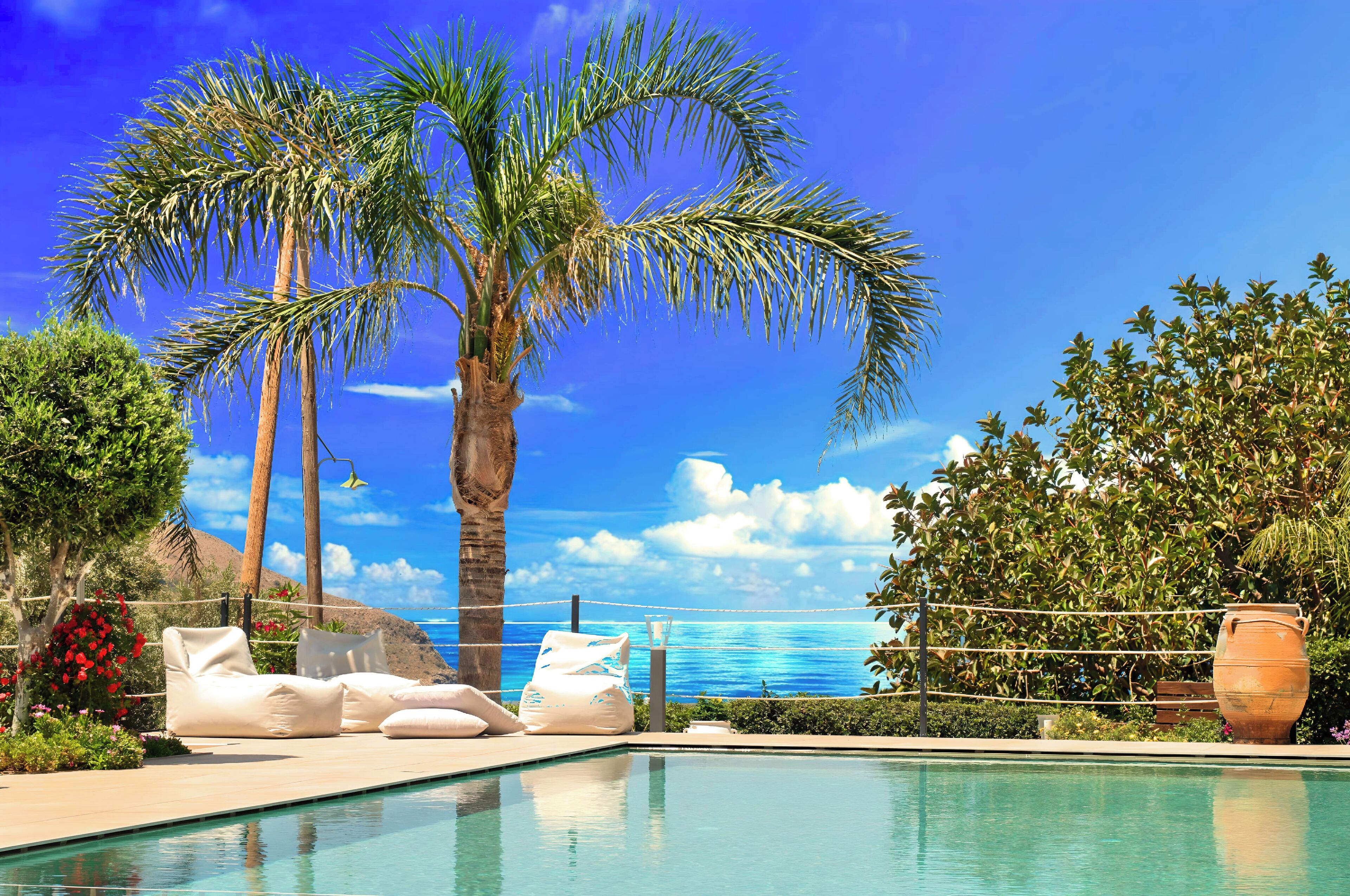 Outdoor pool, pool umbrellas, pool loungers