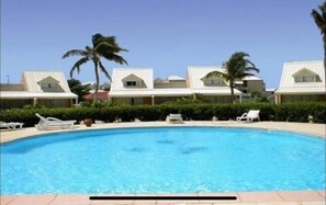 Relax by the resort's large pool surrounded by palm trees and lounge chairs.