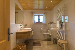 Regadera, secadora de cabello, toallas, papel de baño 