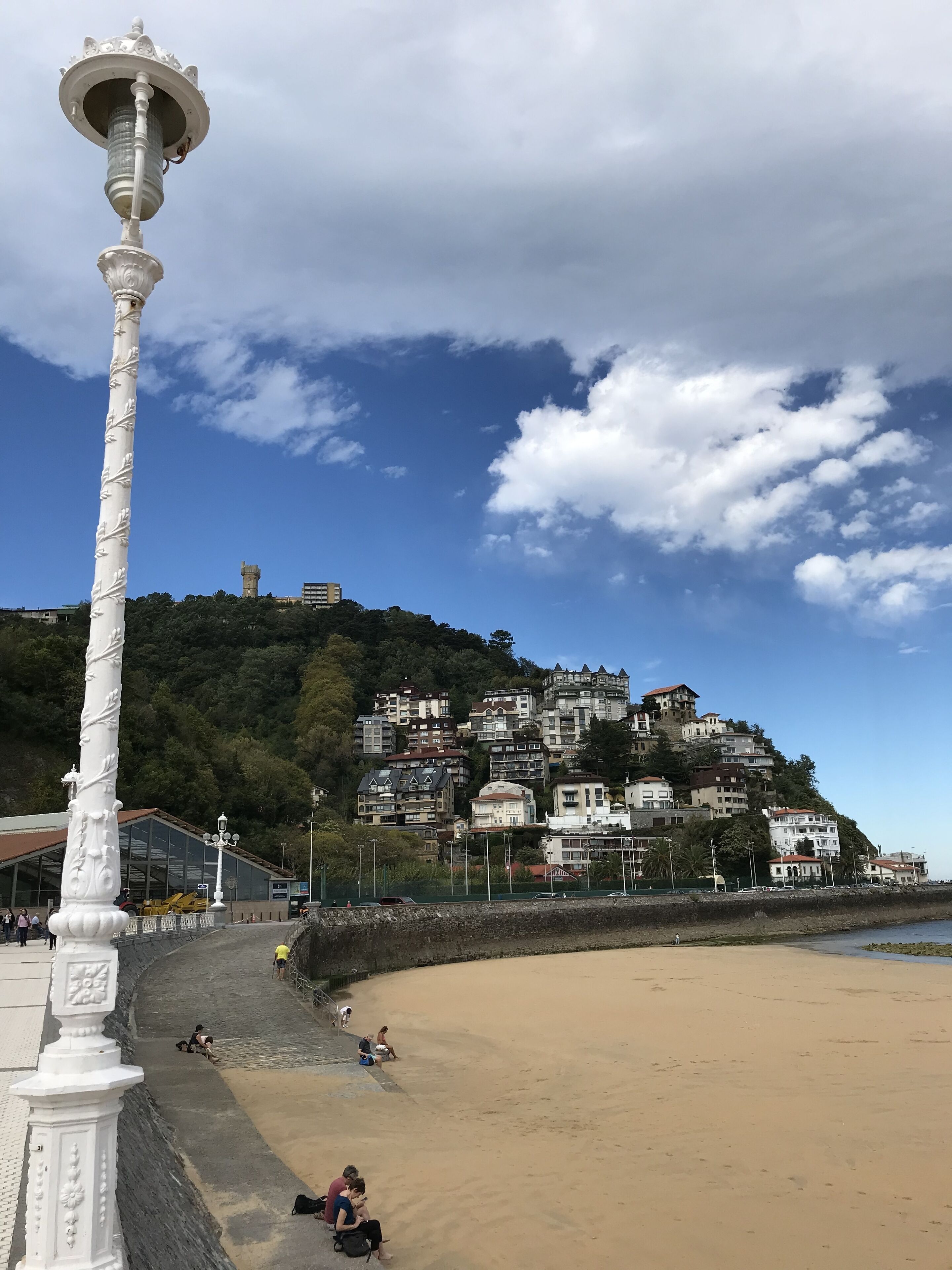 A coastal area with a sandy beach, a white lamp post, and a hill with buildings.