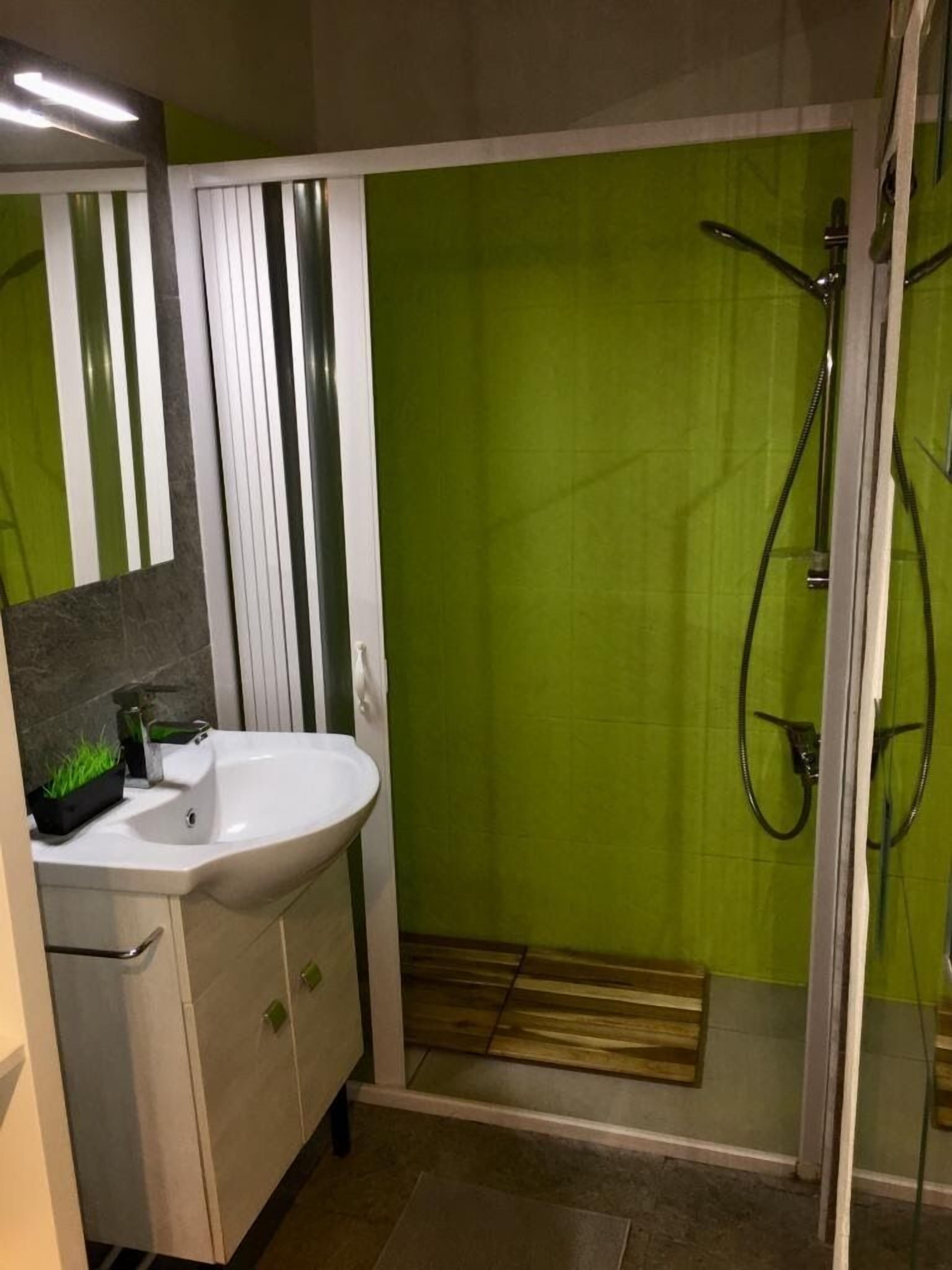 Een badkamer met een wit wastafel, een spiegel en een douchegedeelte met groene wanden.
