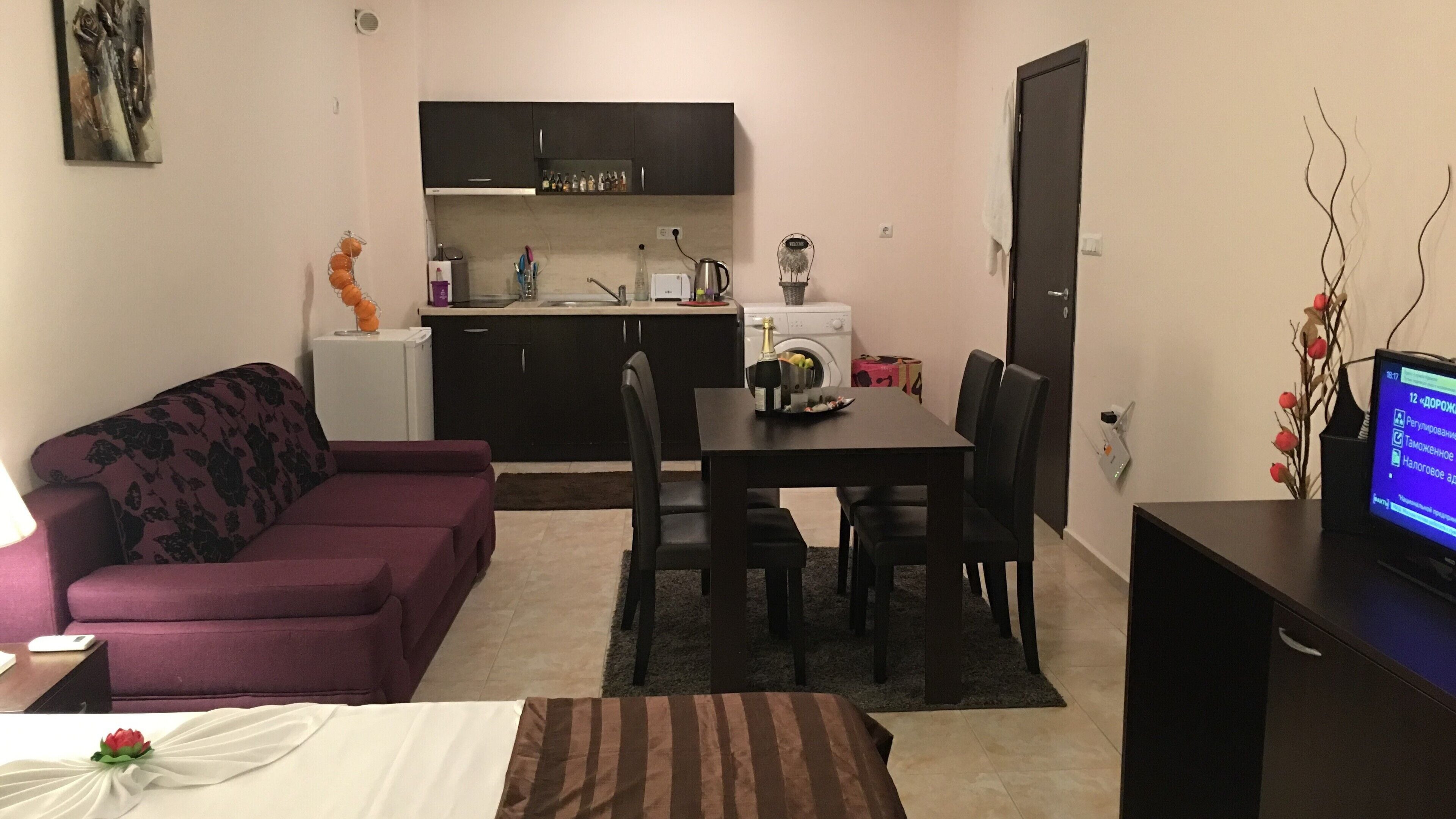 A compact living space with a purple sofa, a dining table with four chairs, a small kitchen area with dark cabinets, a white refrigerator, and a television on a stand.