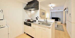 Fridge, microwave, stovetop, electric kettle