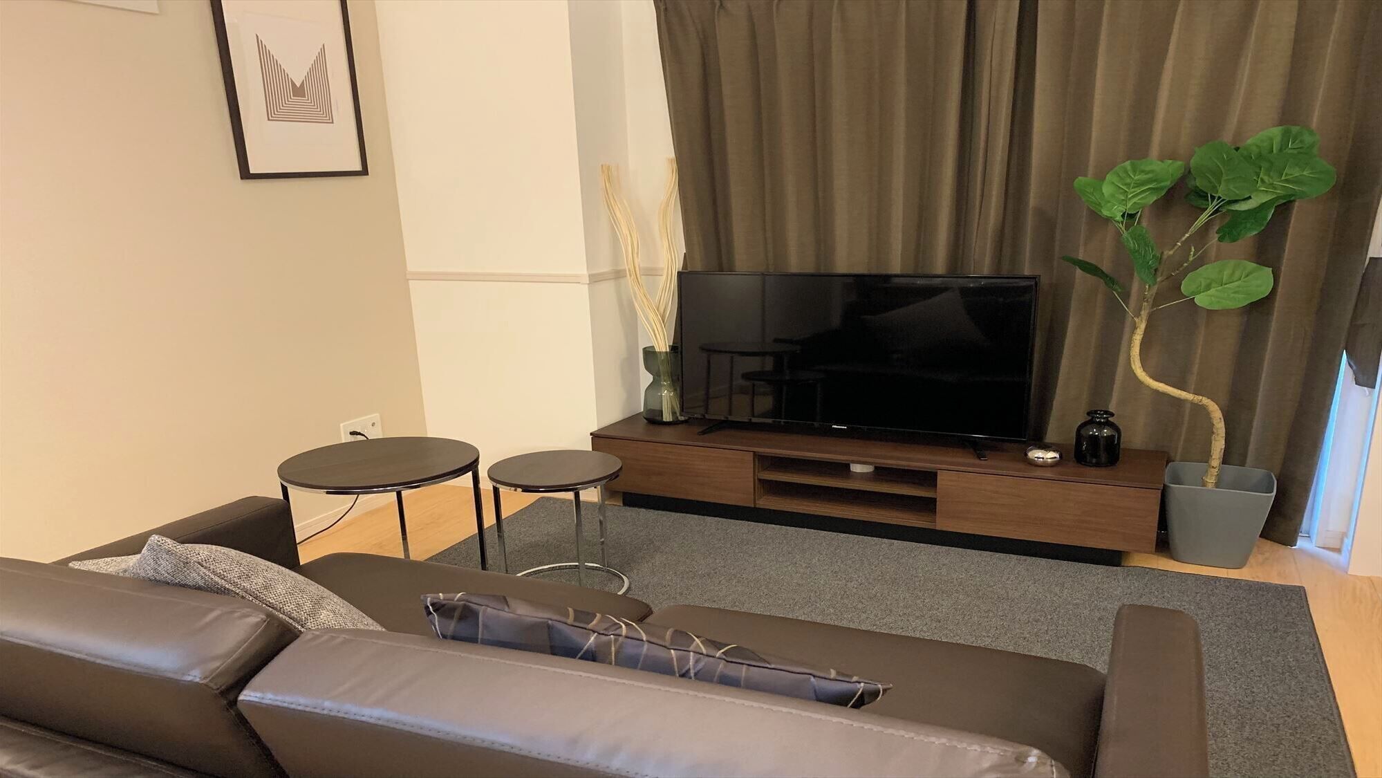 Ein modernes Wohnzimmer mit einer Couch, einem Couchtisch, einem Fernseher und einer Topfpflanze.