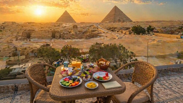 A table with food and drinks, wicker chairs, and a view of the pyramids at sunset. - Tut Pyramids View Hotel (Giza)