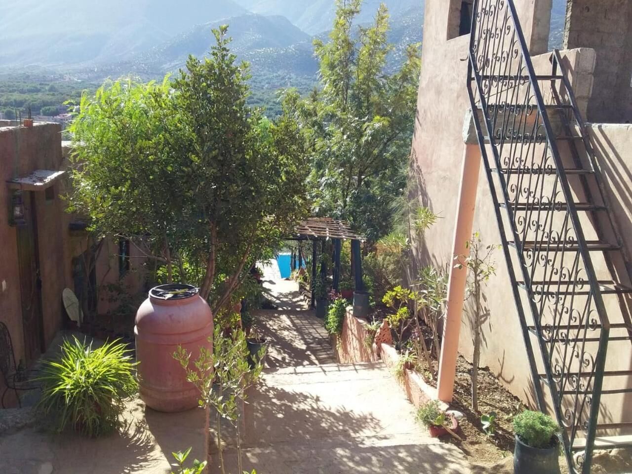 A narrow pathway leading to a building with a pergola, surrounded by greenery and a large water tank.