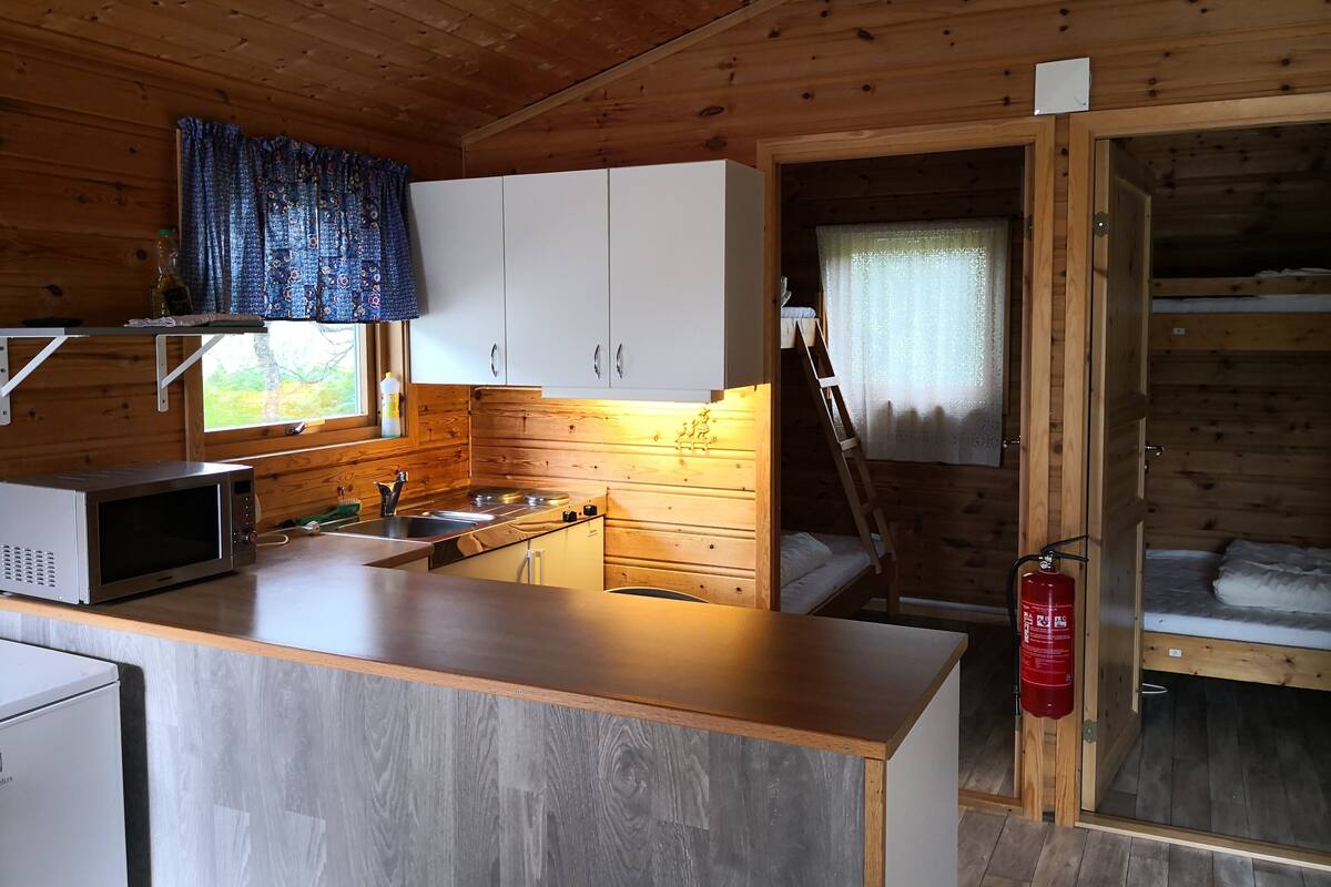 Une cuisine de taille réduite, dotée de meubles en bois, d’un four à micro-ondes et d’un évier.