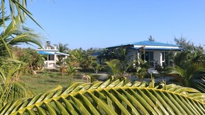 Een huis met twee verdiepingen en een blauw dak, omgeven door palmbomen en groen.