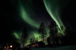 A cabin with a lit front entrance, surrounded by trees and a snowy landscape, under a night sky with green aurora borealis. - Nordic Lapland Resort (Kalix)