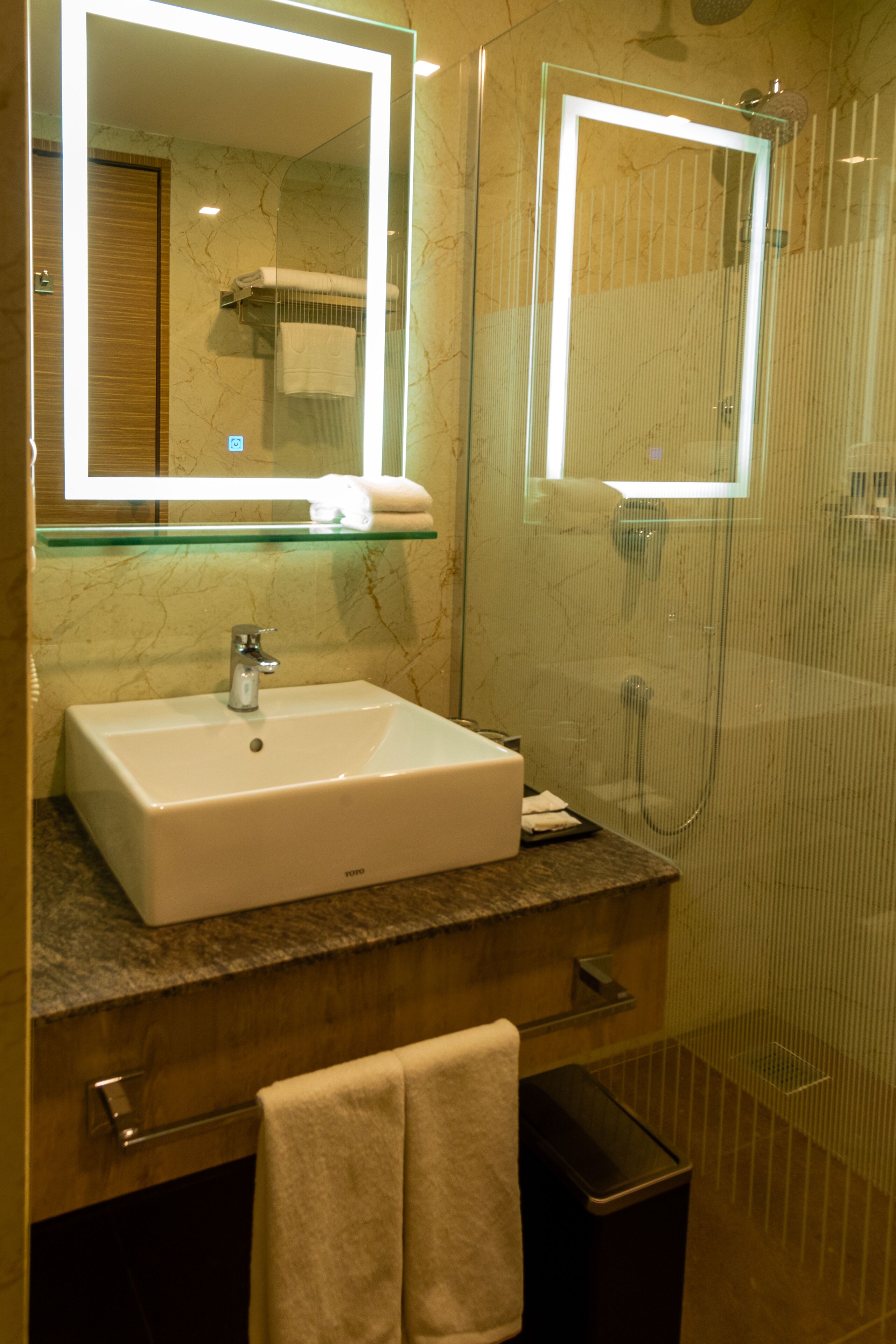 shower, rainfall showerhead, hair dryer, bathrobes