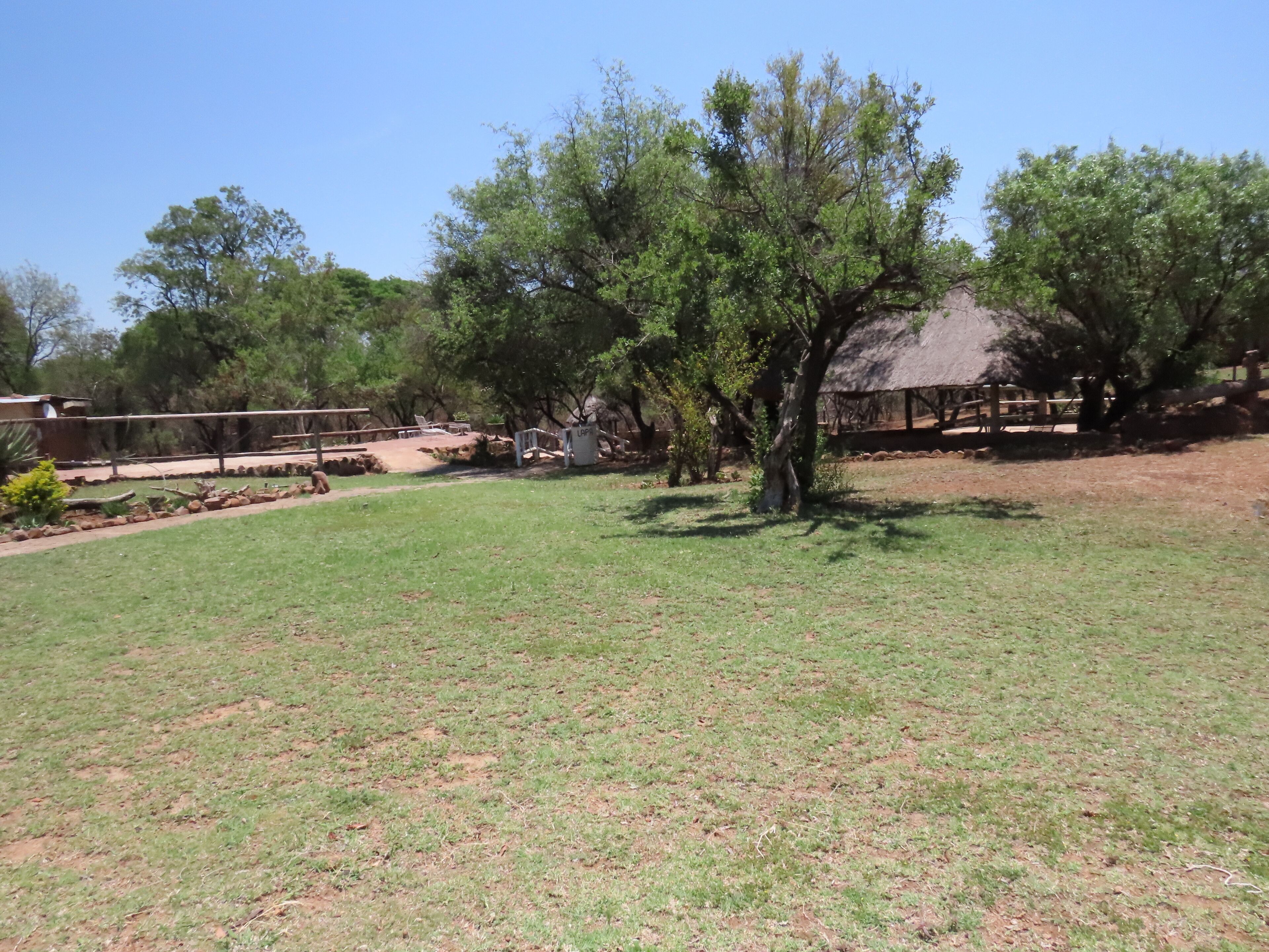 A grassy outdoor area with trees, a thatched-roof structure, and a fenced enclosure.