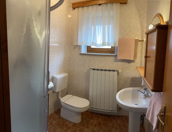 A compact bathroom with a toilet, a sink, and a window with curtains. - EkoTurizem Hudičevec (Postojna)