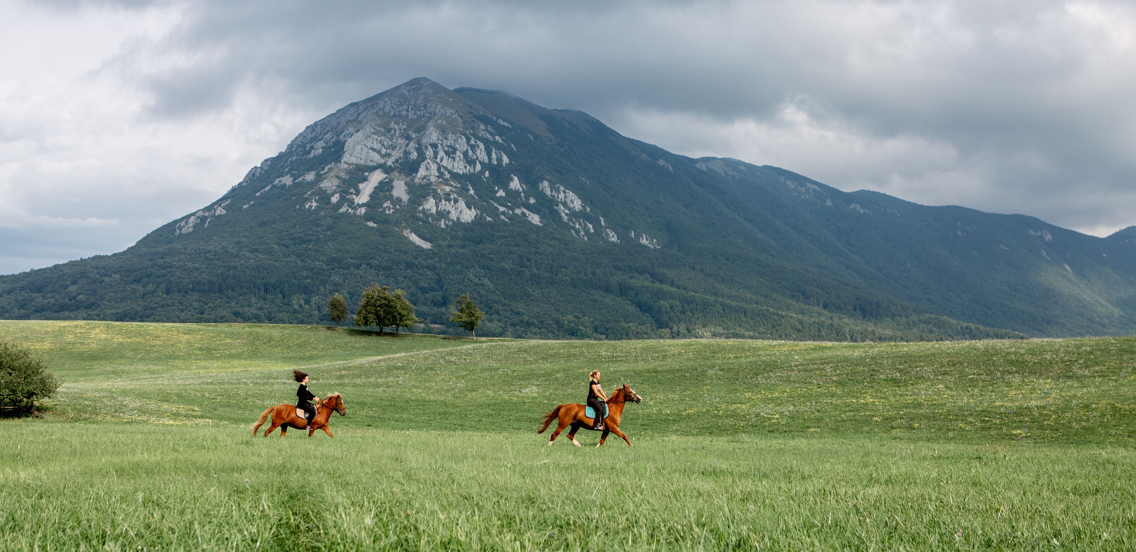 Paisagem montanhosa com dois cavaleiros em um campo gramado.