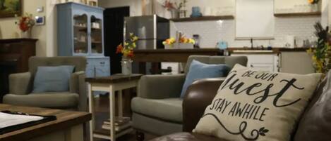 Smart TV, fireplace, books