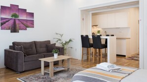 Studiolejlighed (0 Bedroom) | Opholdsområde | 32-tommers tv med kabelkanaler