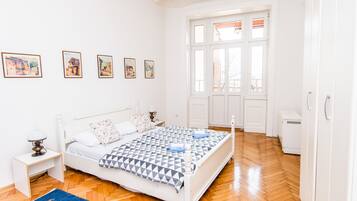 2 bedrooms, desk, laptop workspace, iron/ironing board