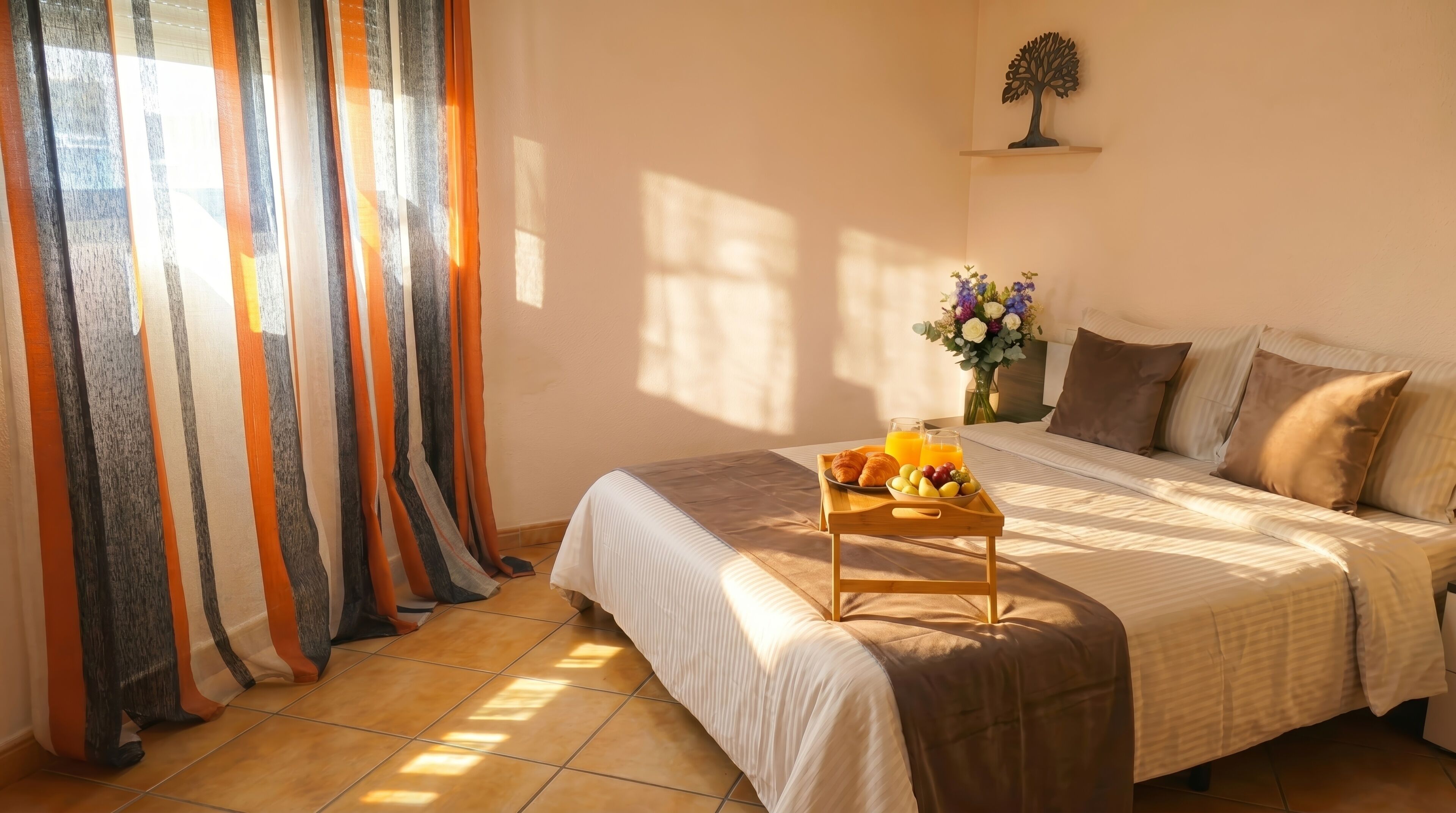 Een hotelkamer met een bed, een dienblad met fruit en sap, een vaas met bloemen en een houten decoratie aan de muur.