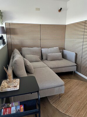 Smart-tv, dvd-spelare, böcker och ett filmbibliotek