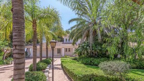 Un jardin bien entretenu, agrémenté de palmiers, d’un chemin pavé et d’un bâtiment doté d’un toit en tuiles.