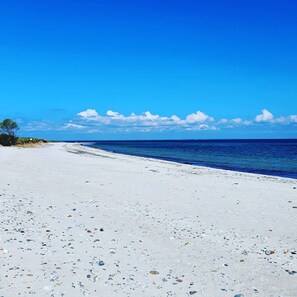 A beach with white sand and scattered pebbles, a clear blue sky, and a calm sea.