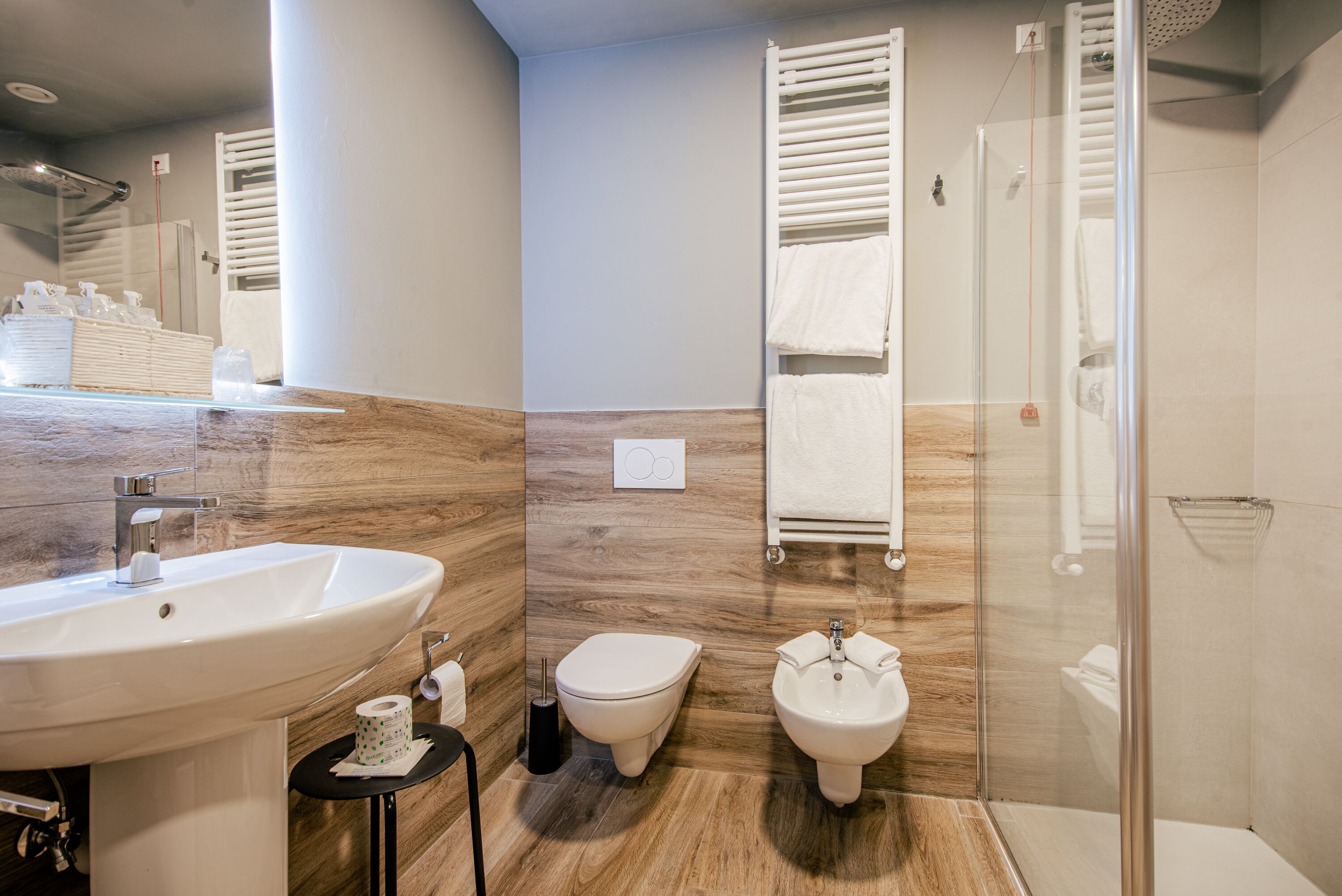 free toiletries, hair dryer, bidet, towels