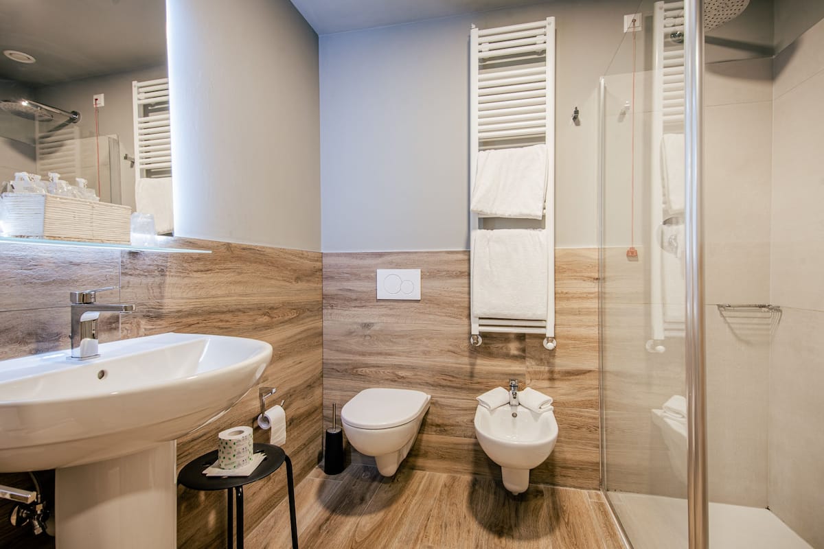 free toiletries, hair dryer, bidet, towels