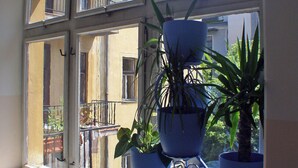 Une fenêtre à carreaux, un balcon avec une balustrade et plusieurs plantes en pot.