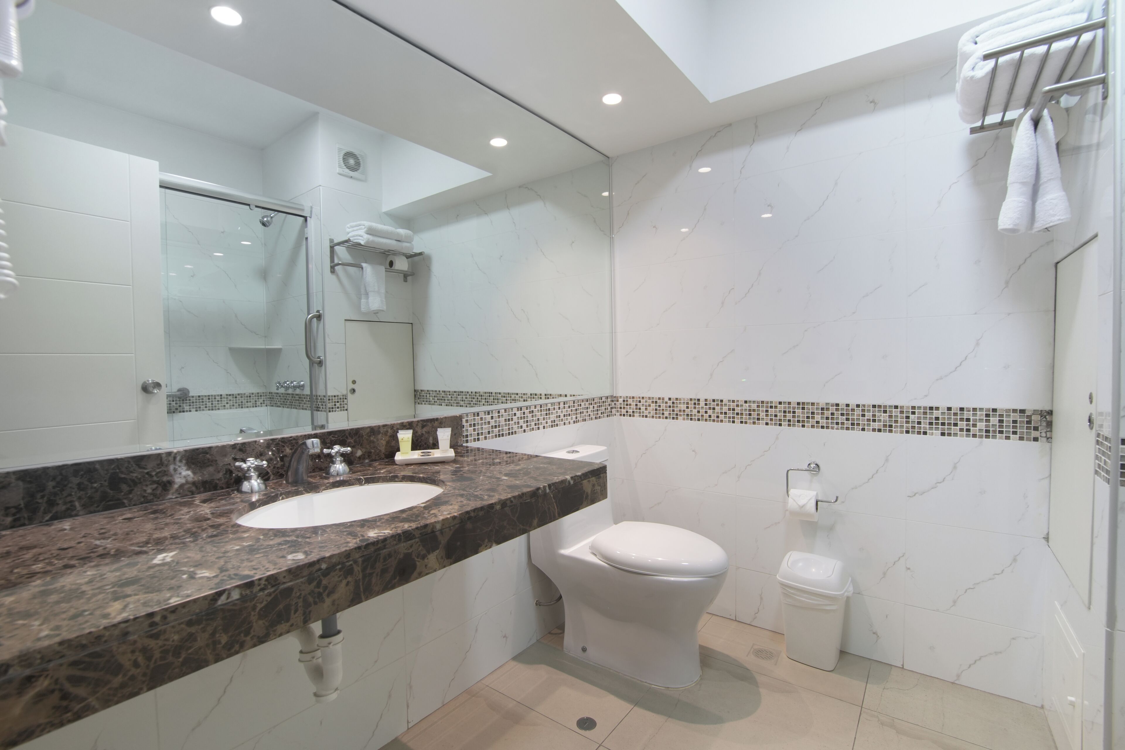 A modern bathroom with a marble sink, a toilet, and a glass shower enclosure.