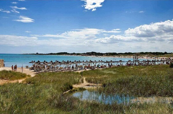 Vlak bij het strand, ligstoelen aan het strand