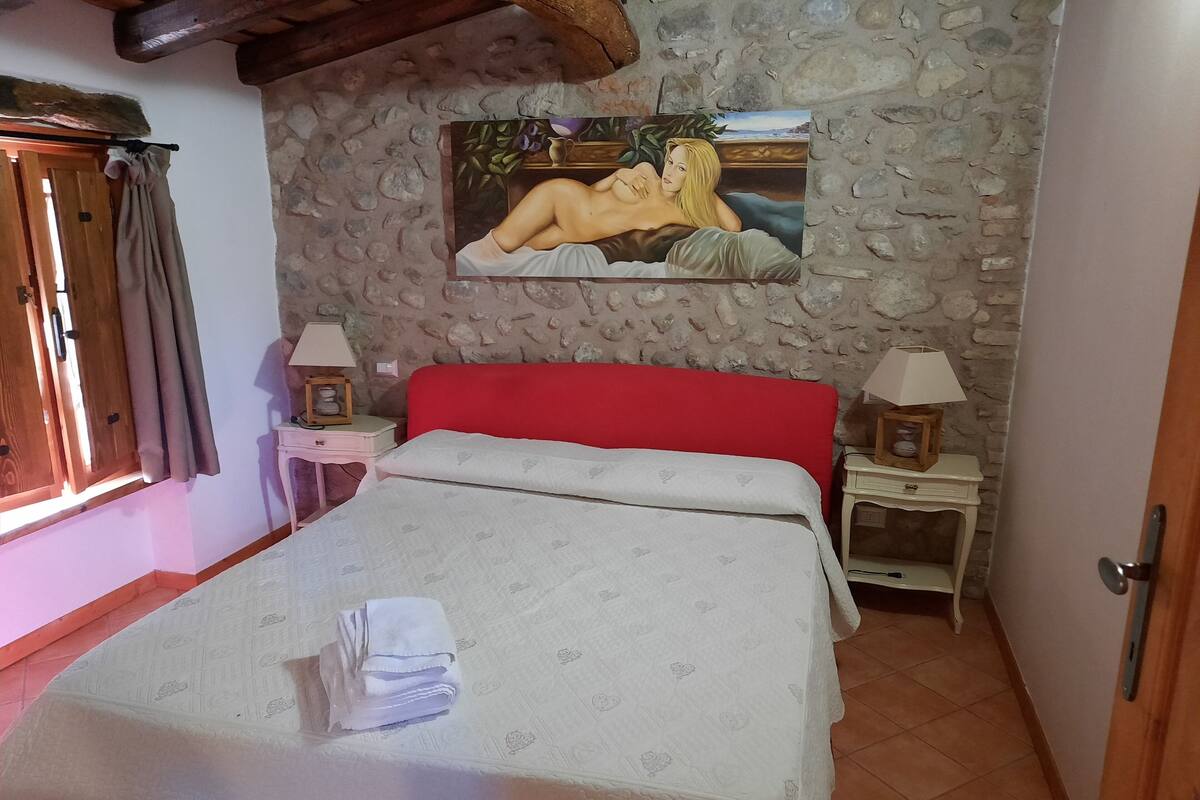 Une chambre avec un mur en pierre, un lit avec une tête de lit rouge, une table de chevet avec une lampe et un tableau accroché au mur.