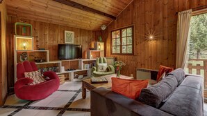Een knus woongedeelte met houten wanden, een rode fauteuil, een groene fauteuil, een grijze bank en een televisie op een houten plank.