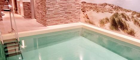 A swimming pool with a glass wall and a mural of a desert landscape.