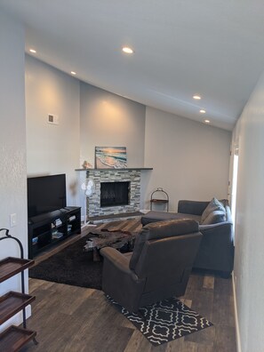 Smart TV, fireplace, books