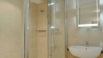 A modern bathroom with a glass-enclosed shower, a white sink, and a mirror above the sink.