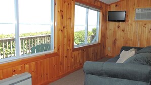 Una habitación con paredes de madera, un ventanal grande, un televisor de pantalla plana y un sofá.
