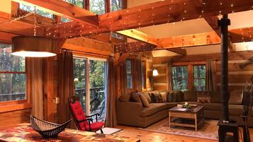 Smart TV, fireplace, books