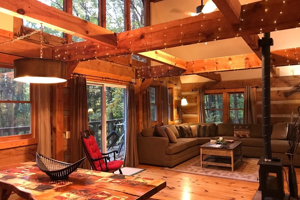Open and bright great room with twinkle lights.