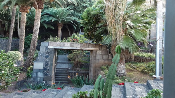 Ein Garten mit Palmen, einem steinernen Bogen und einer Treppe, die zu einer höheren Ebene führt.