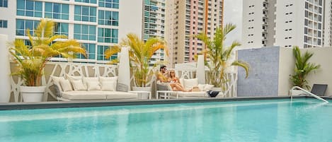 Outdoor pool, sun loungers