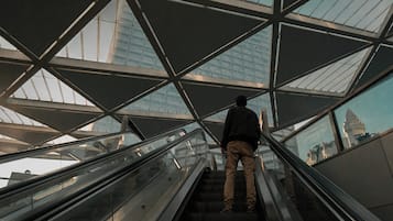 Une personne se tient sur un escalier mécanique à l’intérieur d’un bâtiment dont l’architecture moderne est caractérisée par l’utilisation du verre et de l’acier.