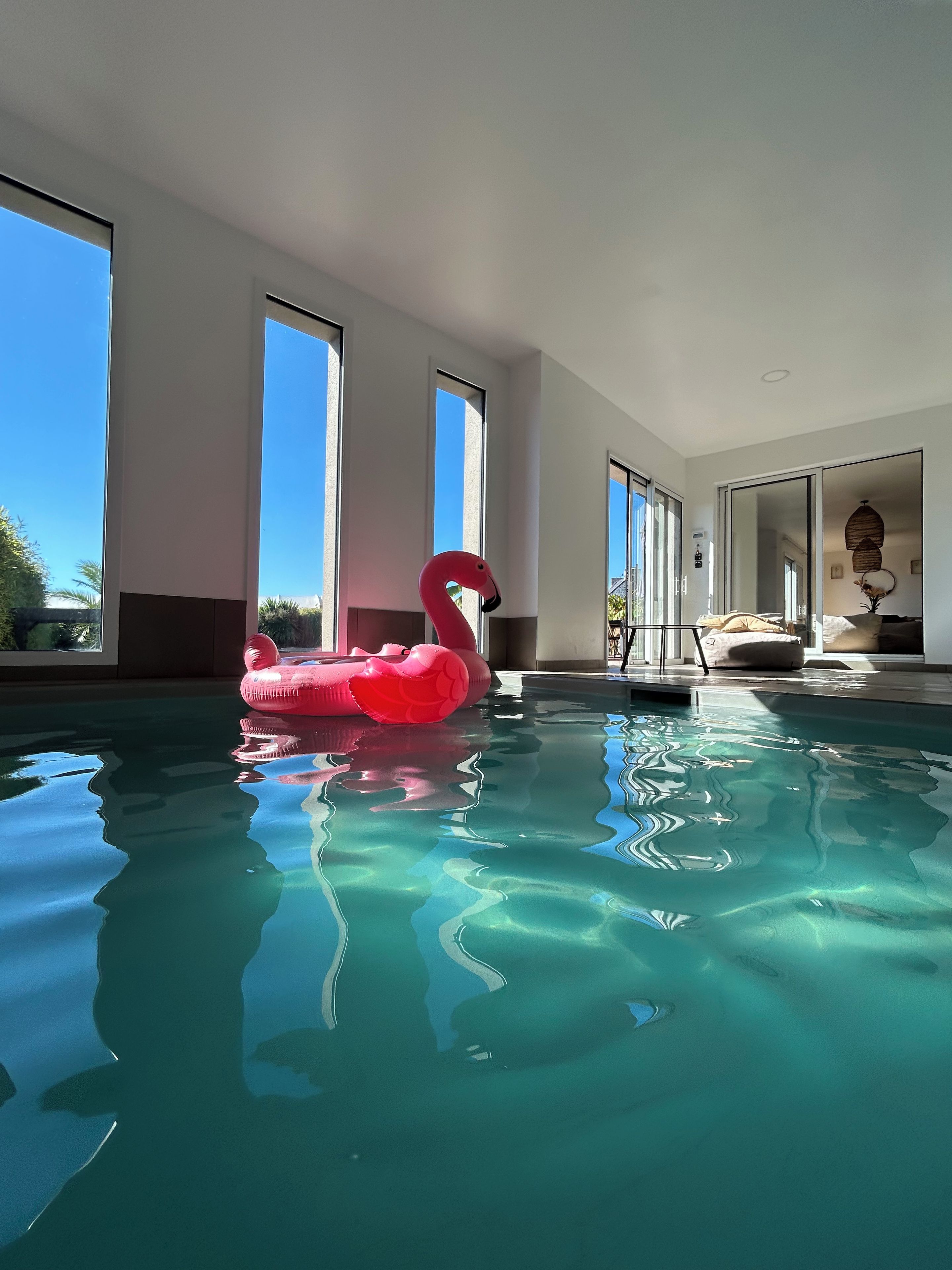 Ein Hallenbad mit klarem Wasser, großen Fenstern und einem roten Flamingo-Schwimmtier.