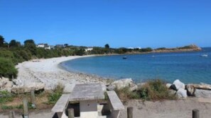On the beach, sun loungers