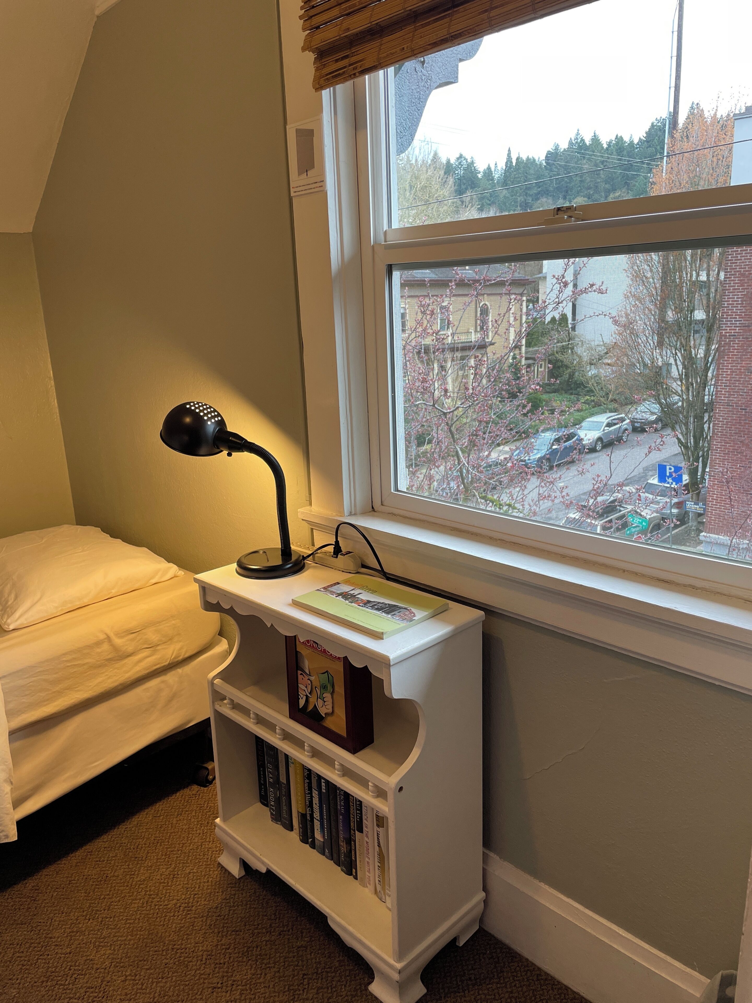 Een slaapkamer met een enkel bed, een nachtkastje met een lamp, een klein boekenrek en een raam met uitzicht op de straat en bomen.