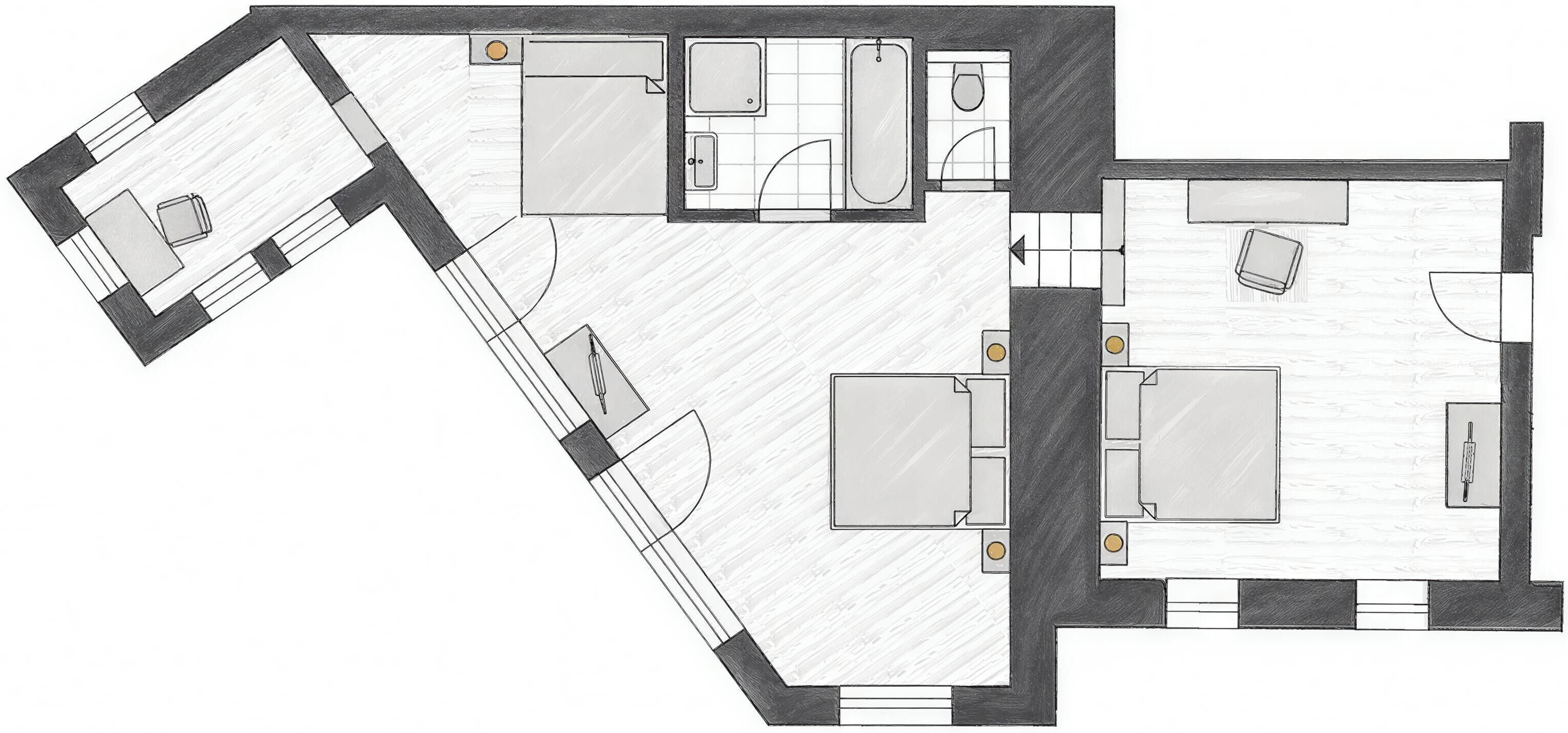 Grundriss eines Hotels mit Küche, Essbereich, zwei Schlafzimmern und einem Badezimmer.