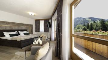Panoramic Suite, 2 Bedrooms, Mountain View | Hypo-allergenic bedding, down duvets, memory-foam beds, minibar