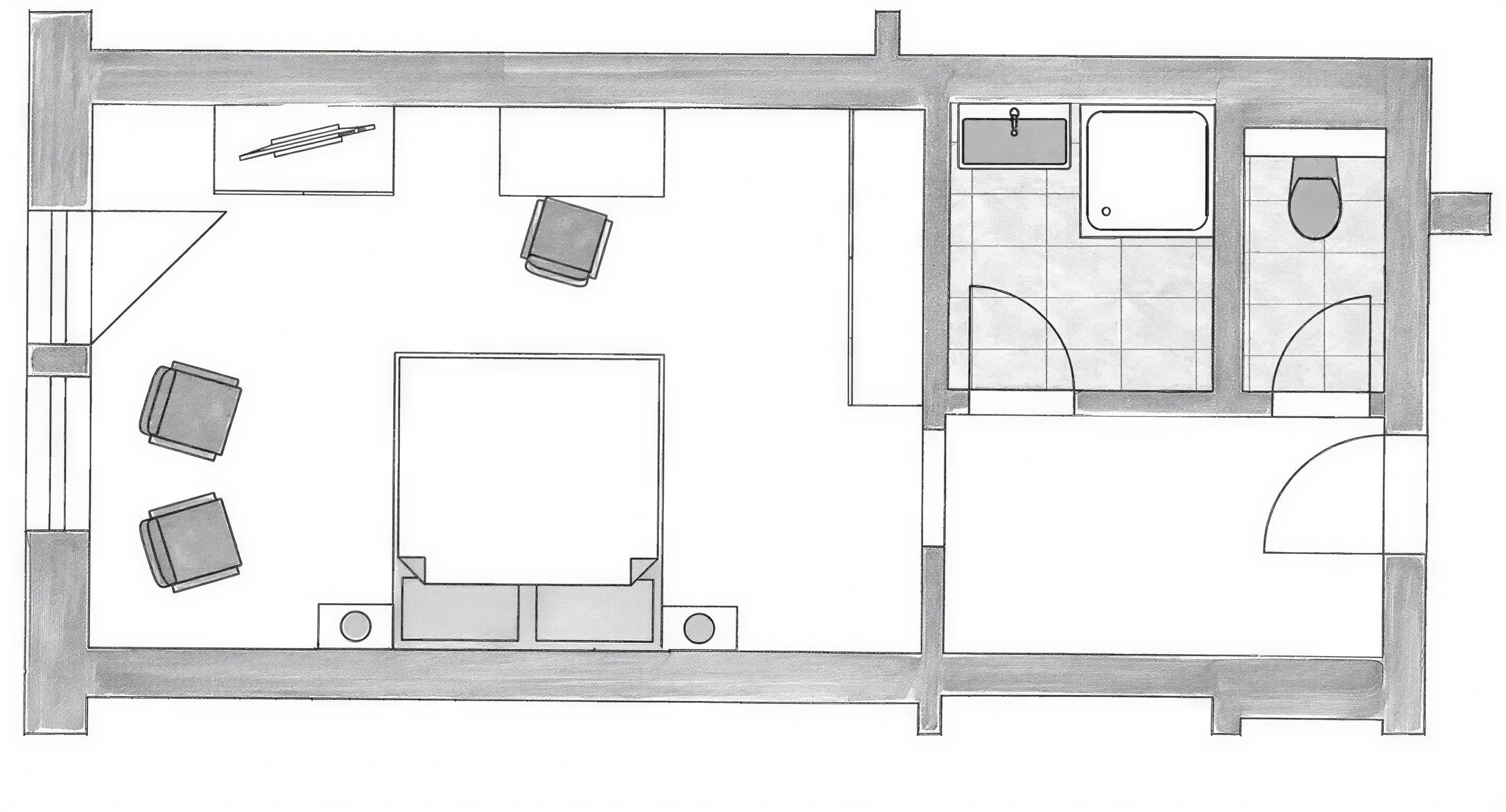 A floor plan of a hotel room with a bed, a desk, a chair, a small table, and a bathroom with a sink and toilet.