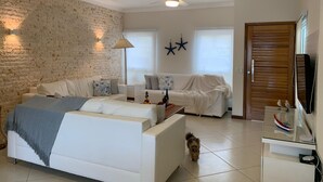 Un salon avec un canapé blanc, une table basse, un petit chien et un téléviseur posé sur un meuble.